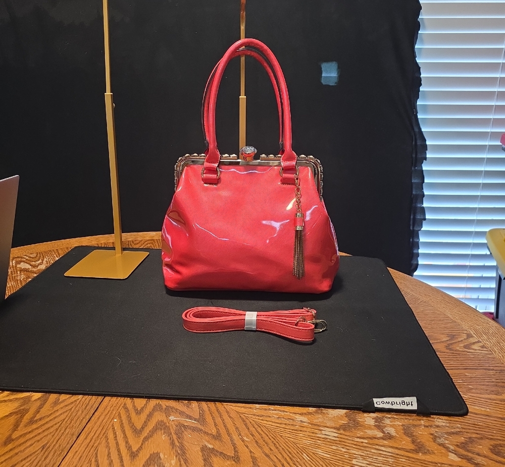 Coral Patent Leather Satchel Handbag with Tassel